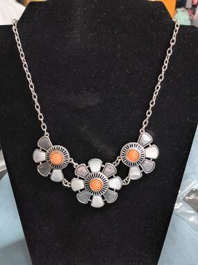 paparazzi Silver Floral Necklace with Orange Centers